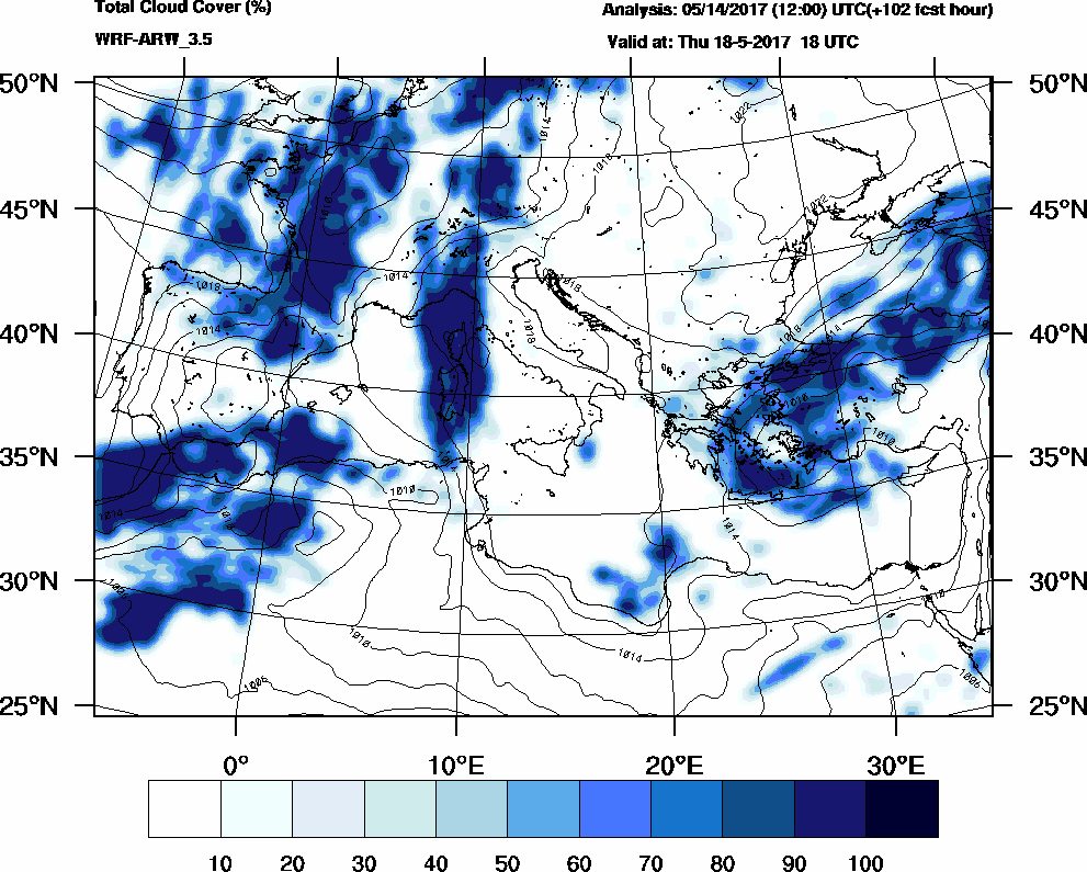 Total cloud cover (%) - 2017-05-18 12:00