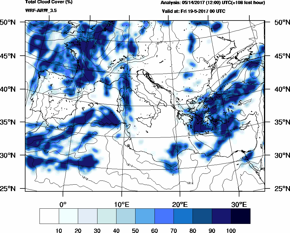 Total cloud cover (%) - 2017-05-18 18:00