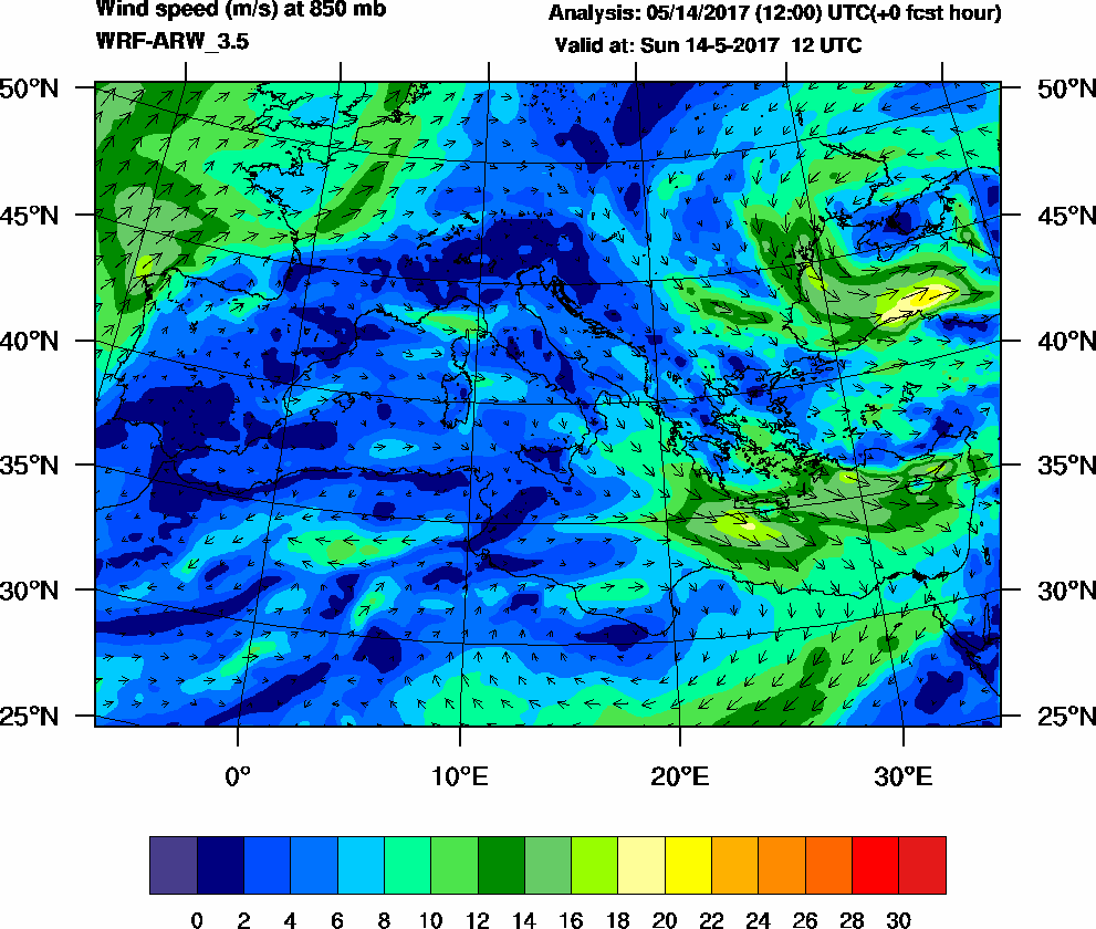 Wind speed (m/s) at 850 mb - 2017-05-14 12:00