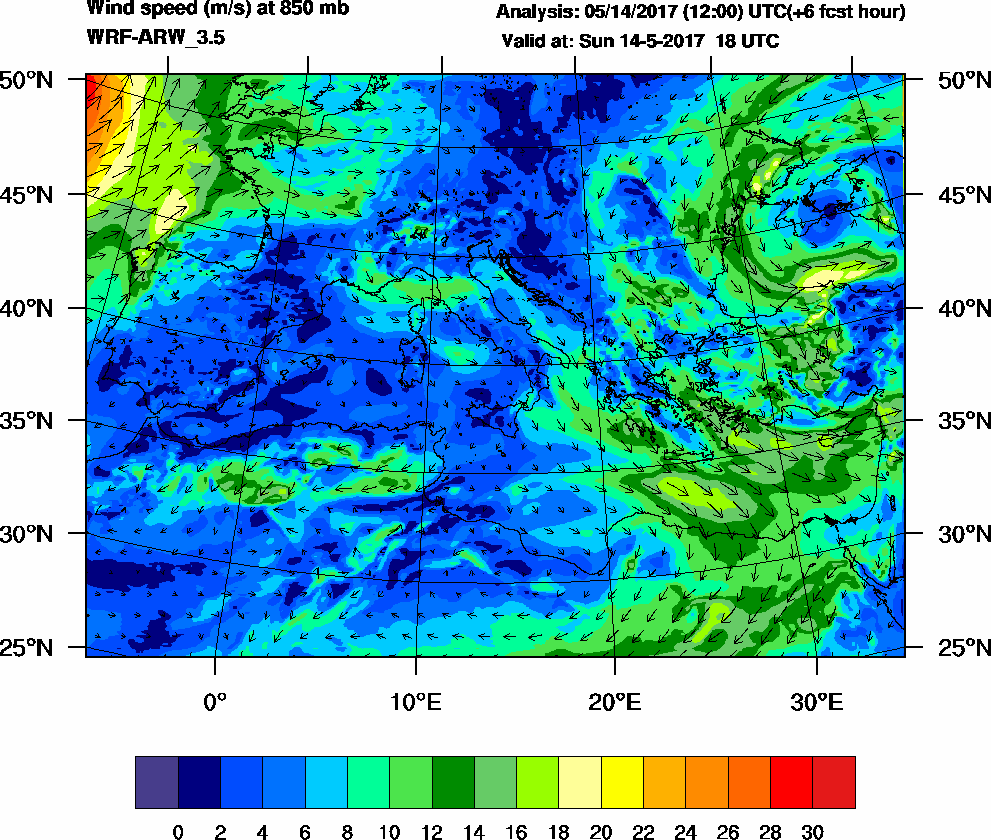 Wind speed (m/s) at 850 mb - 2017-05-14 18:00