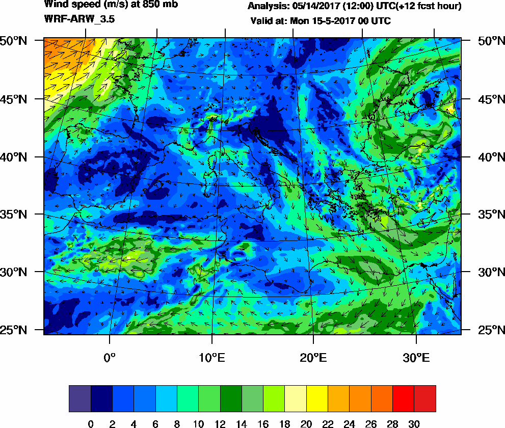 Wind speed (m/s) at 850 mb - 2017-05-15 00:00