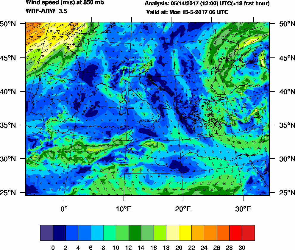 Wind speed (m/s) at 850 mb - 2017-05-15 06:00