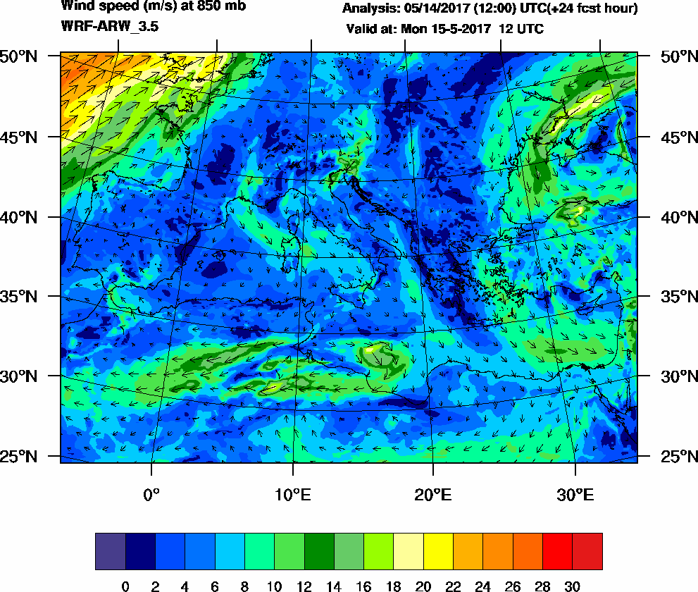 Wind speed (m/s) at 850 mb - 2017-05-15 12:00