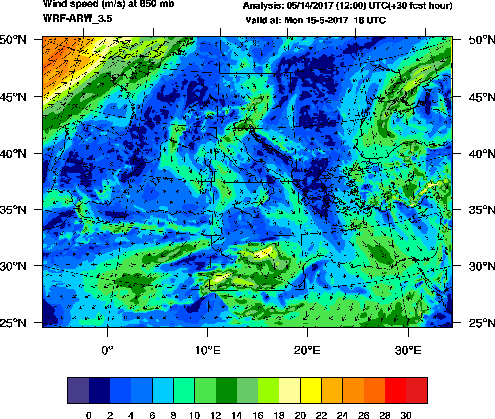 Wind speed (m/s) at 850 mb - 2017-05-15 18:00