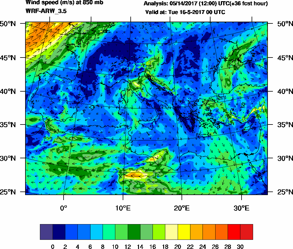 Wind speed (m/s) at 850 mb - 2017-05-16 00:00