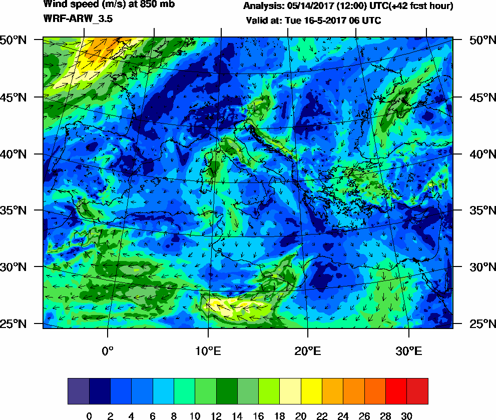 Wind speed (m/s) at 850 mb - 2017-05-16 06:00