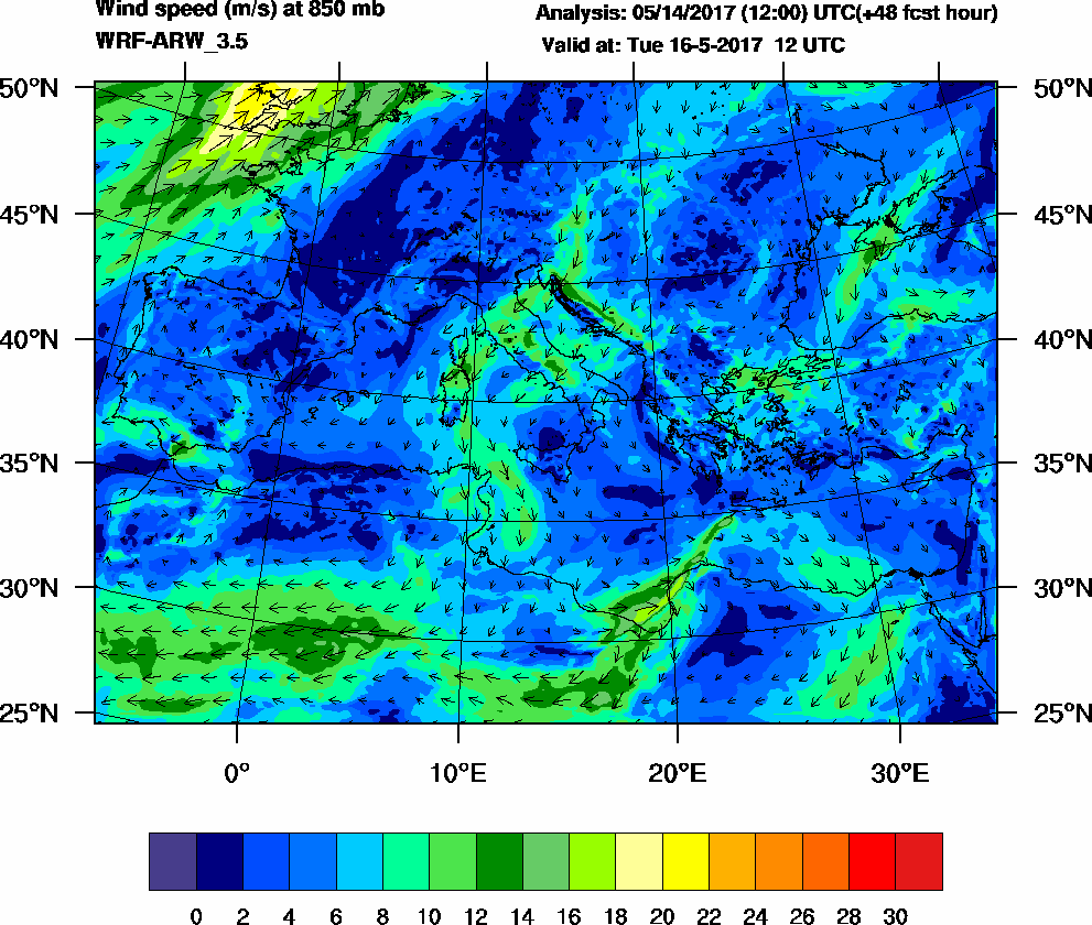 Wind speed (m/s) at 850 mb - 2017-05-16 12:00