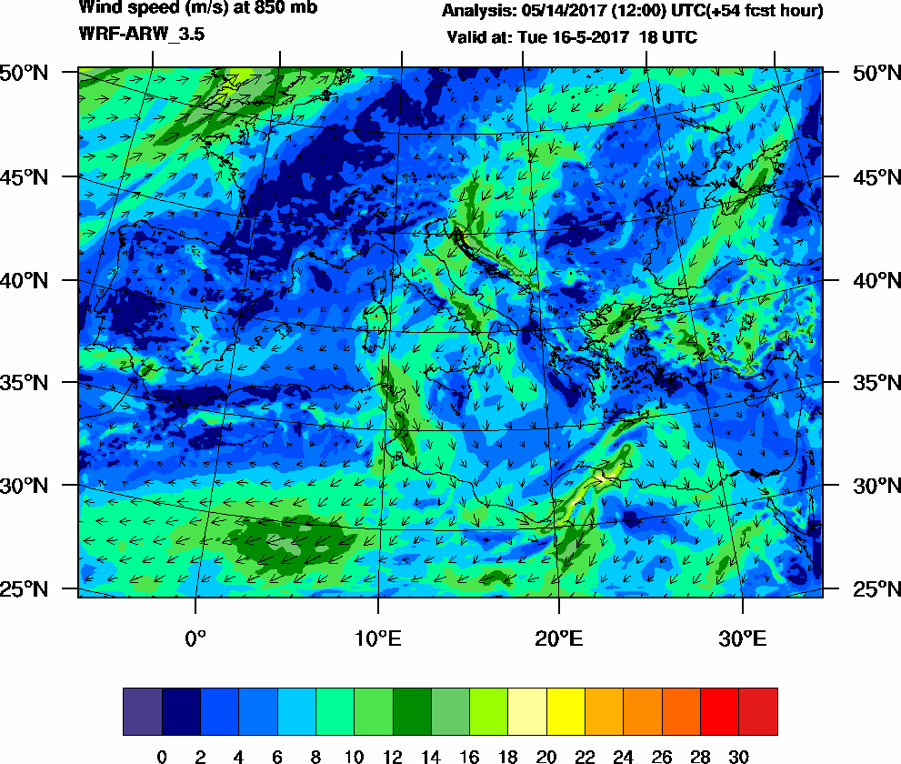 Wind speed (m/s) at 850 mb - 2017-05-16 18:00