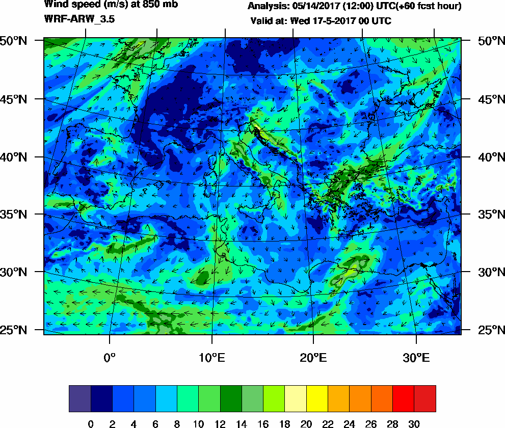 Wind speed (m/s) at 850 mb - 2017-05-17 00:00