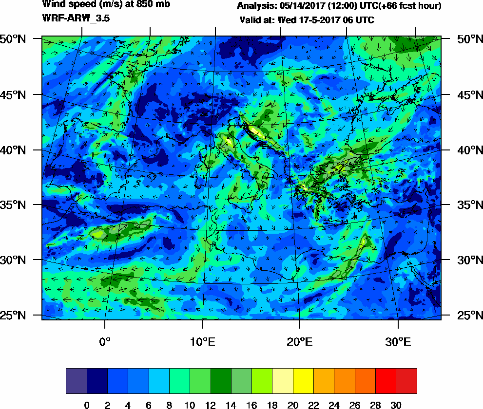 Wind speed (m/s) at 850 mb - 2017-05-17 06:00