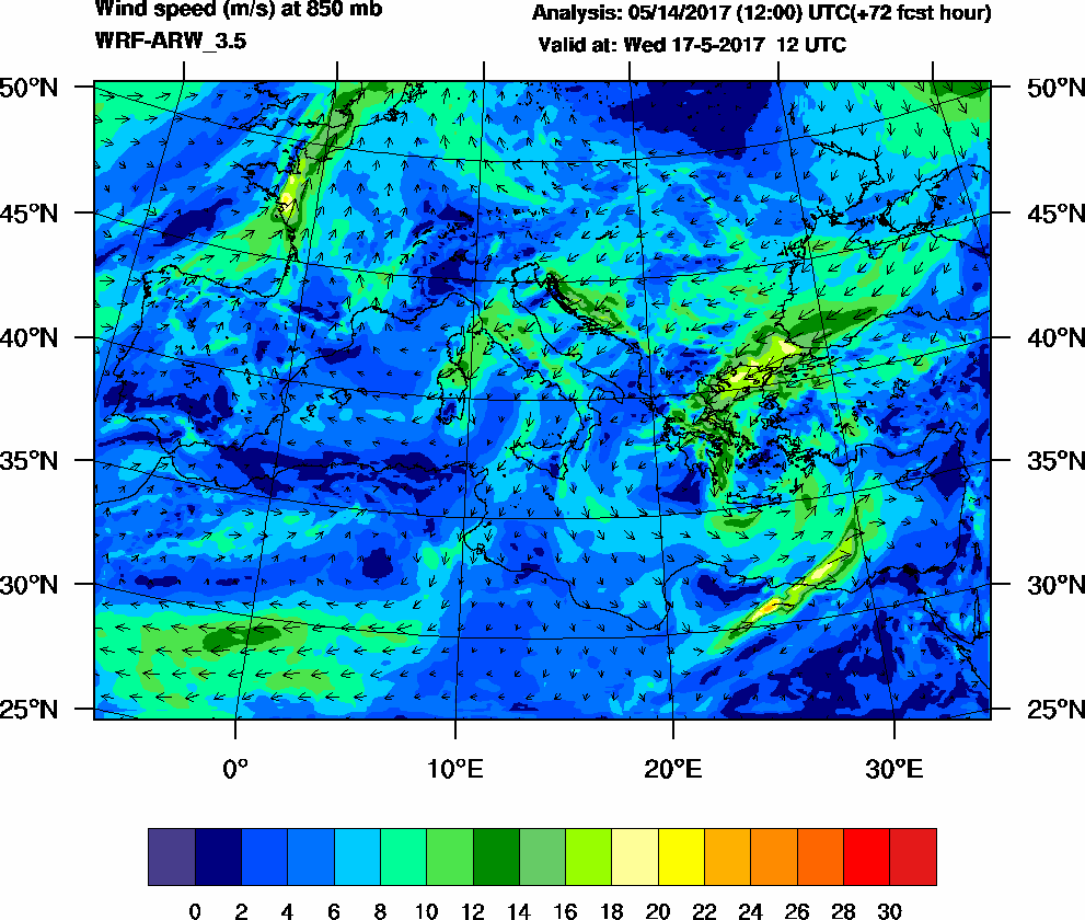 Wind speed (m/s) at 850 mb - 2017-05-17 12:00