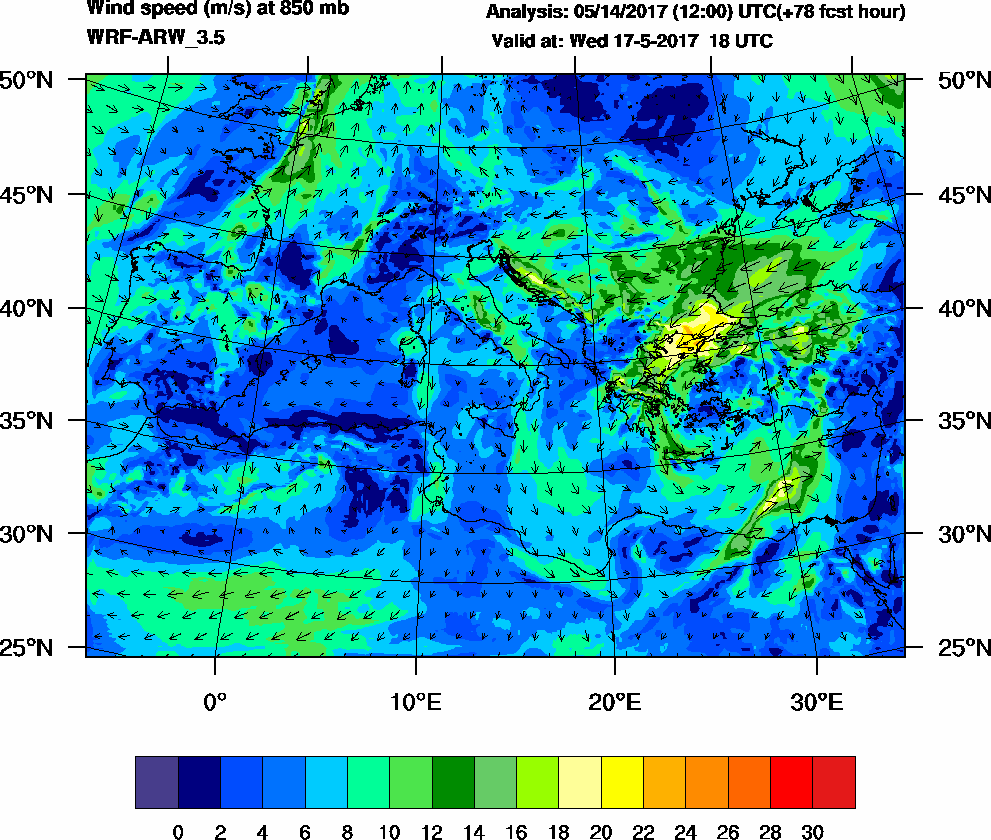 Wind speed (m/s) at 850 mb - 2017-05-17 18:00