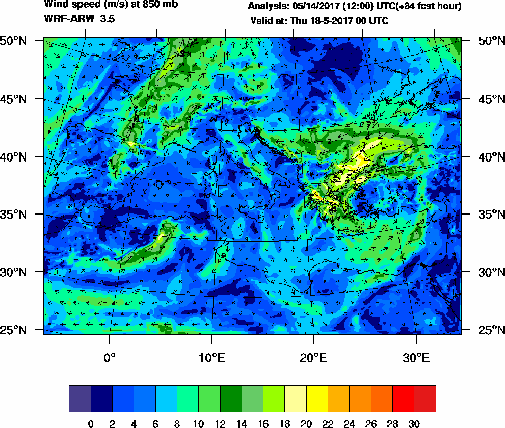 Wind speed (m/s) at 850 mb - 2017-05-18 00:00