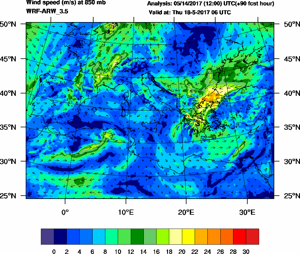 Wind speed (m/s) at 850 mb - 2017-05-18 06:00