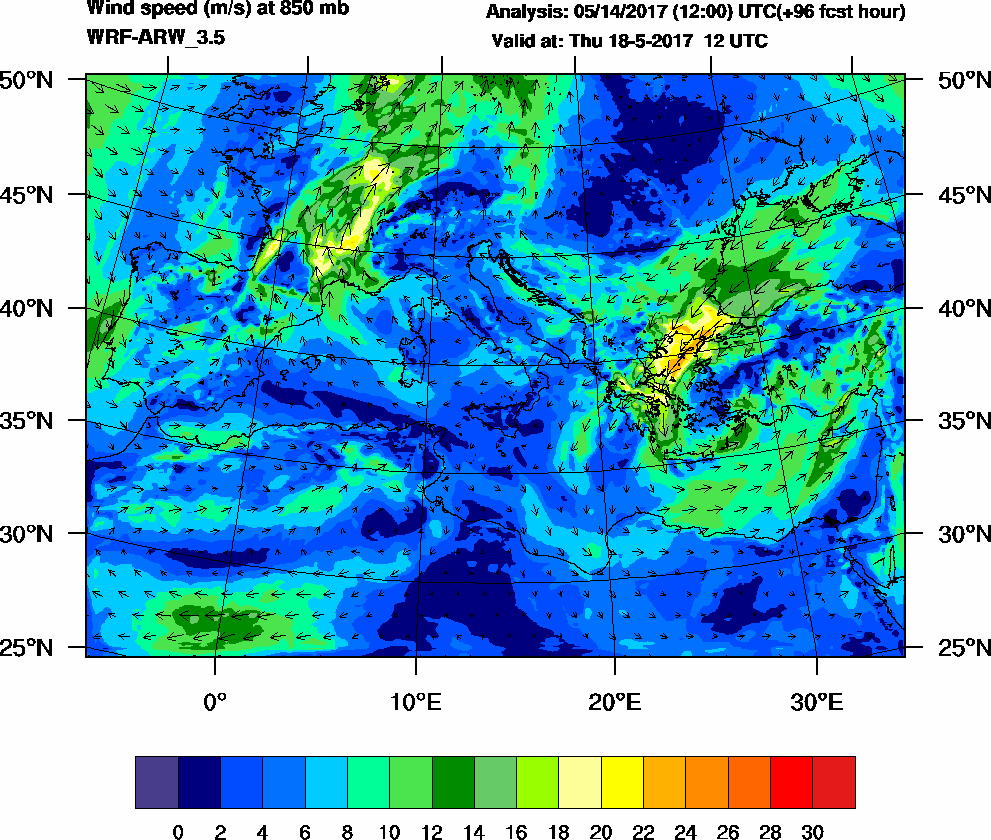 Wind speed (m/s) at 850 mb - 2017-05-18 12:00