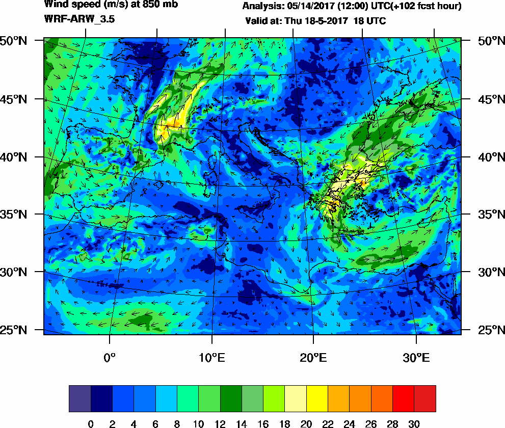 Wind speed (m/s) at 850 mb - 2017-05-18 18:00