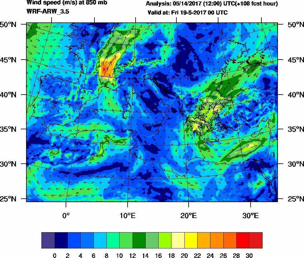 Wind speed (m/s) at 850 mb - 2017-05-19 00:00