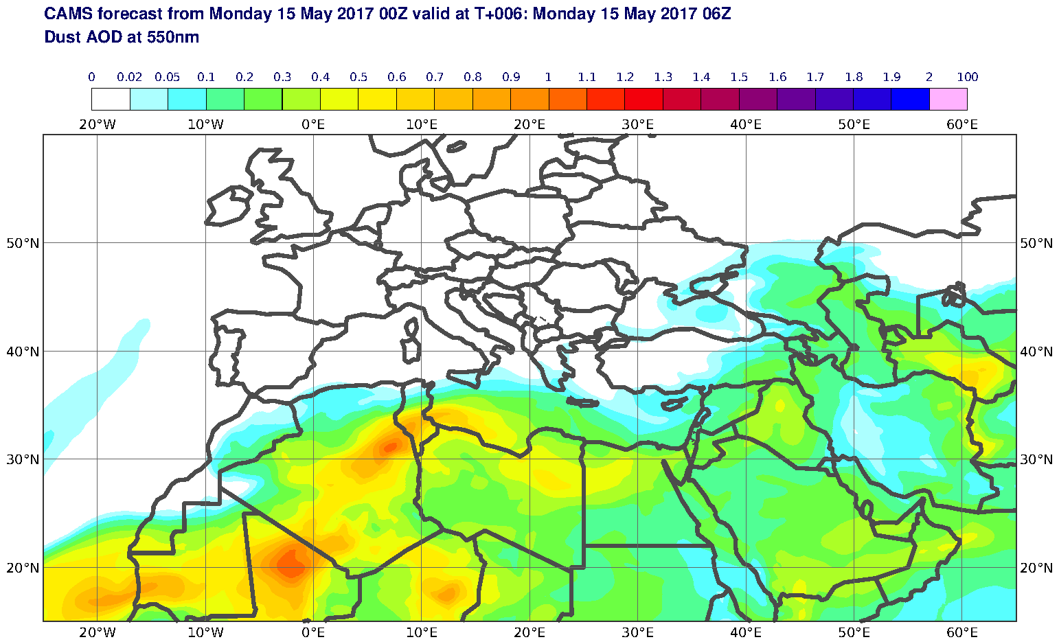 Dust AOD at 550nm valid at T6 - 2017-05-15 06:00