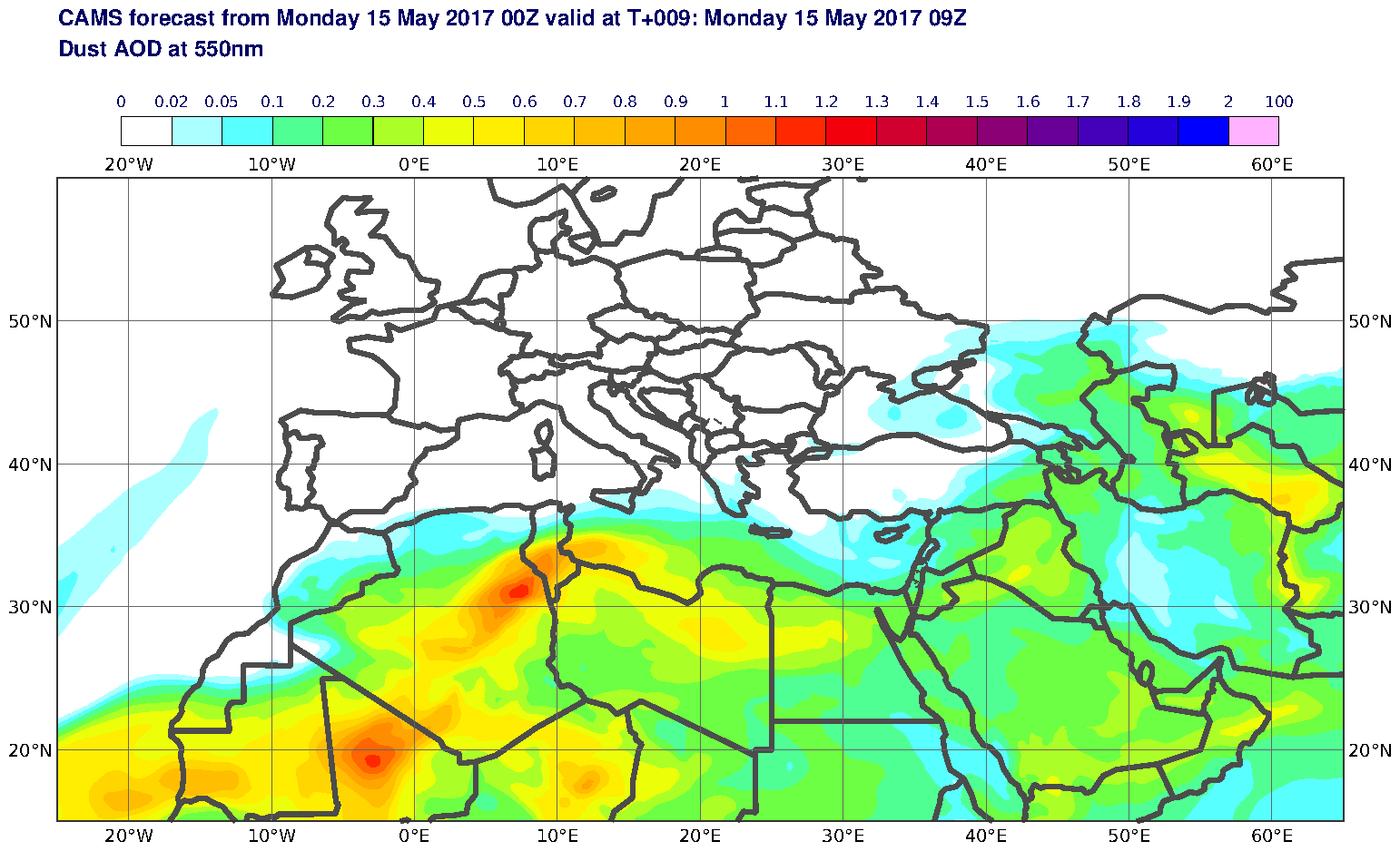 Dust AOD at 550nm valid at T9 - 2017-05-15 09:00