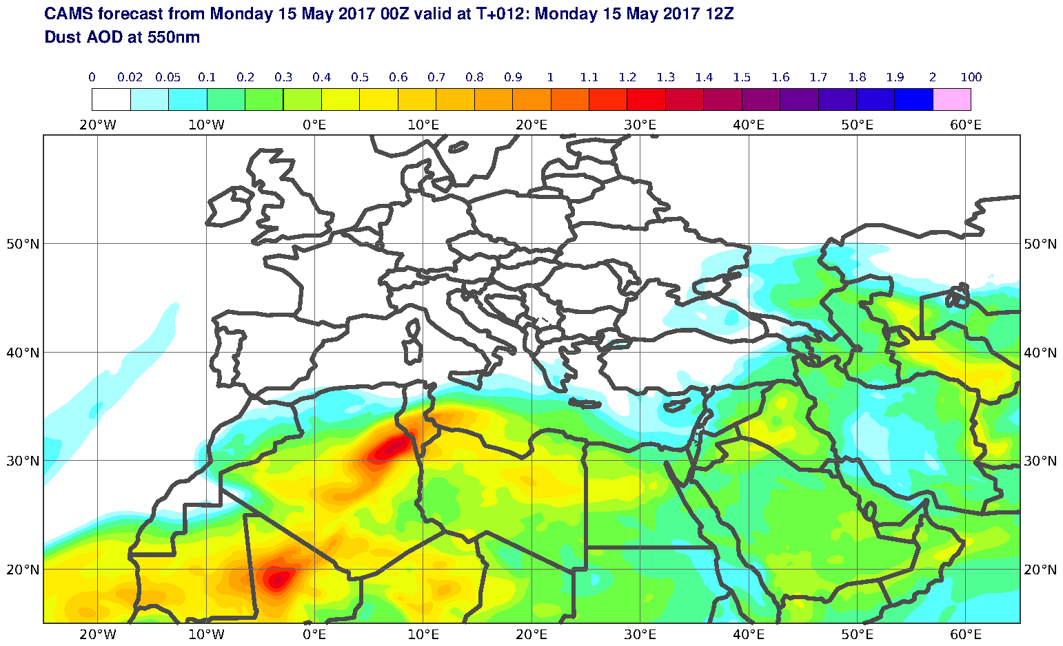 Dust AOD at 550nm valid at T12 - 2017-05-15 12:00