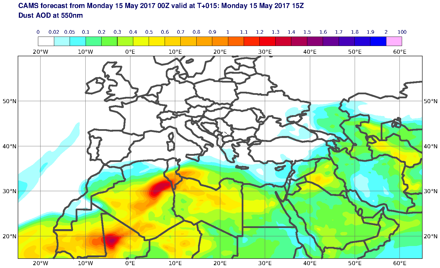 Dust AOD at 550nm valid at T15 - 2017-05-15 15:00