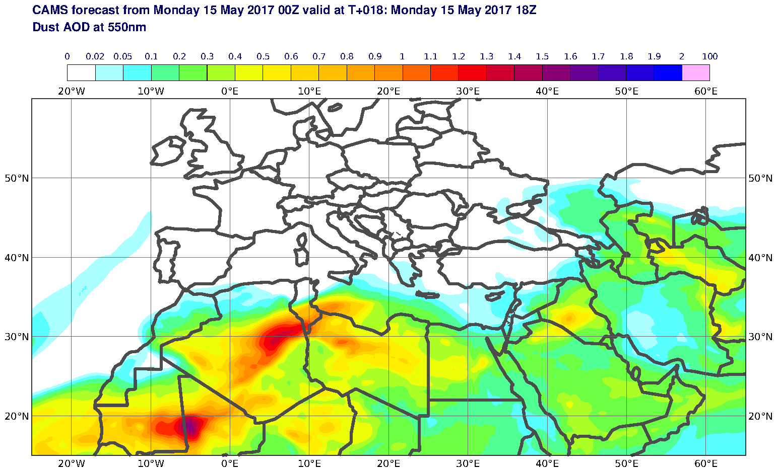 Dust AOD at 550nm valid at T18 - 2017-05-15 18:00