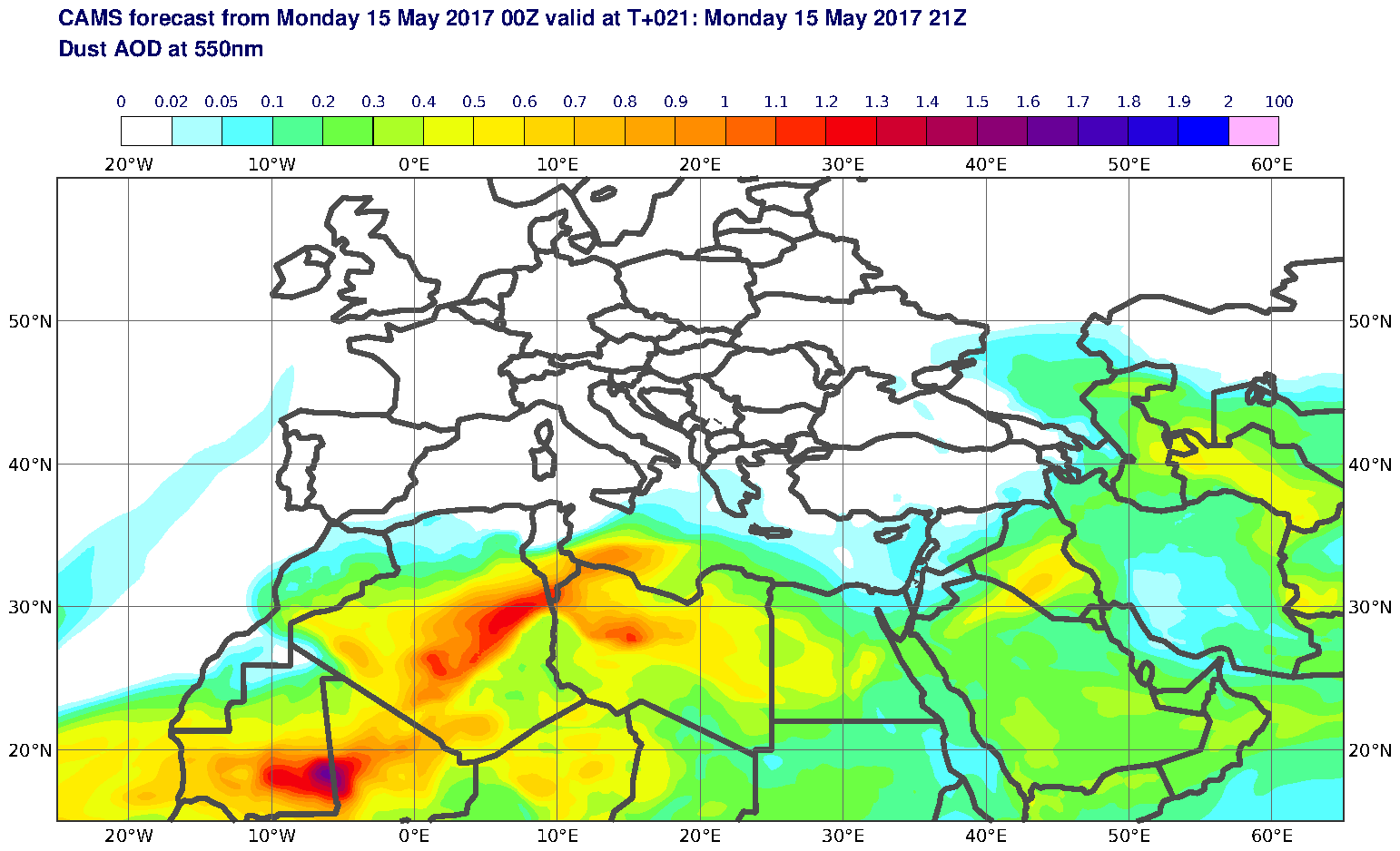 Dust AOD at 550nm valid at T21 - 2017-05-15 21:00