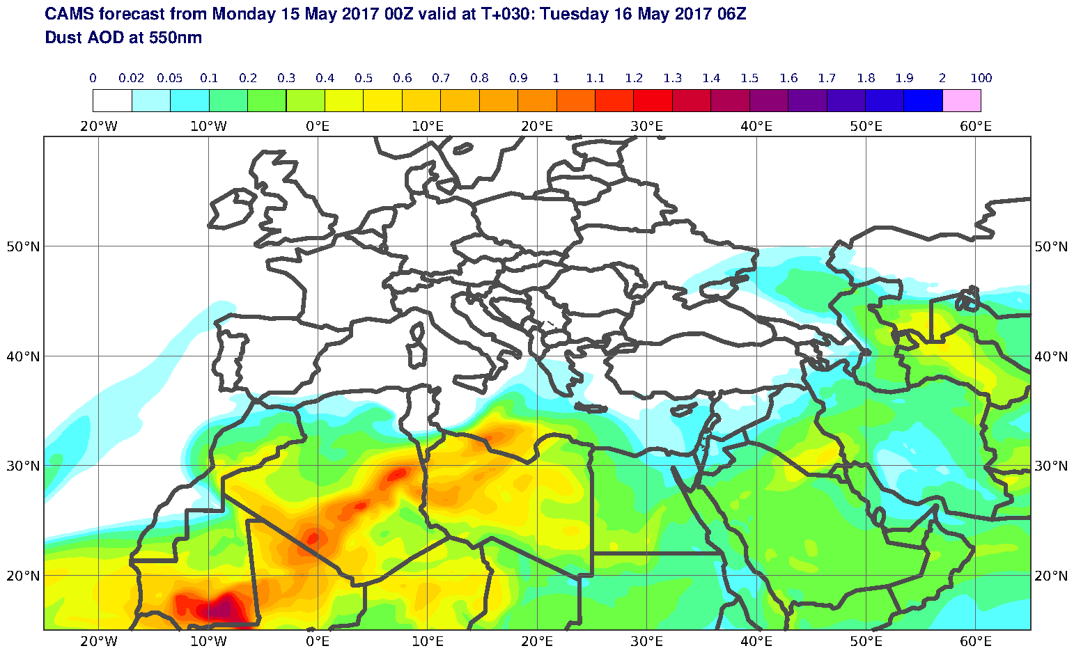 Dust AOD at 550nm valid at T30 - 2017-05-16 06:00