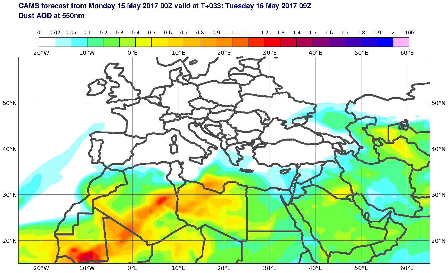 Dust AOD at 550nm valid at T33 - 2017-05-16 09:00