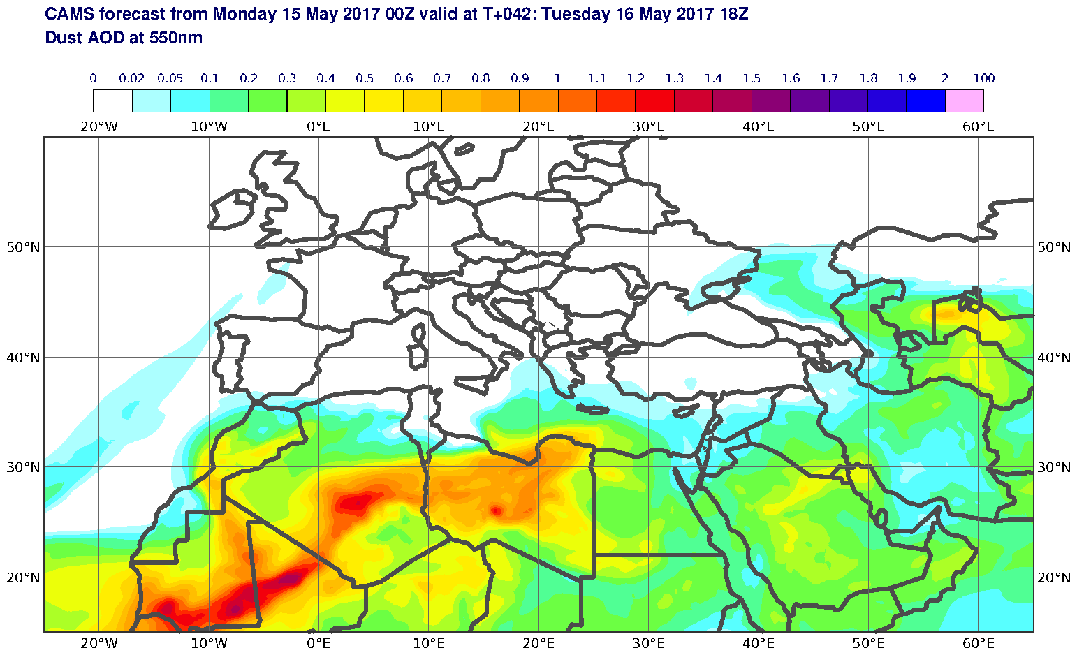 Dust AOD at 550nm valid at T42 - 2017-05-16 18:00