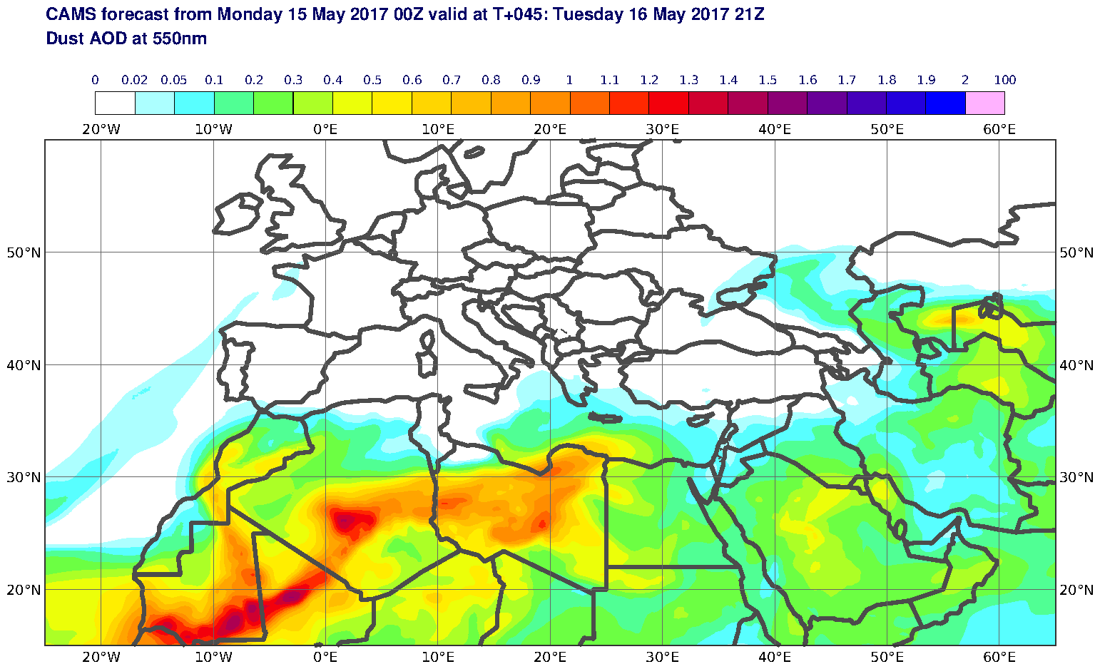 Dust AOD at 550nm valid at T45 - 2017-05-16 21:00