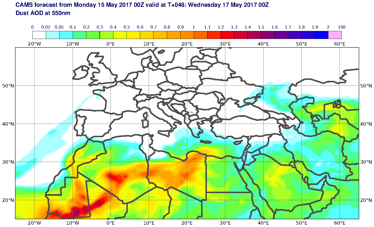 Dust AOD at 550nm valid at T48 - 2017-05-17 00:00