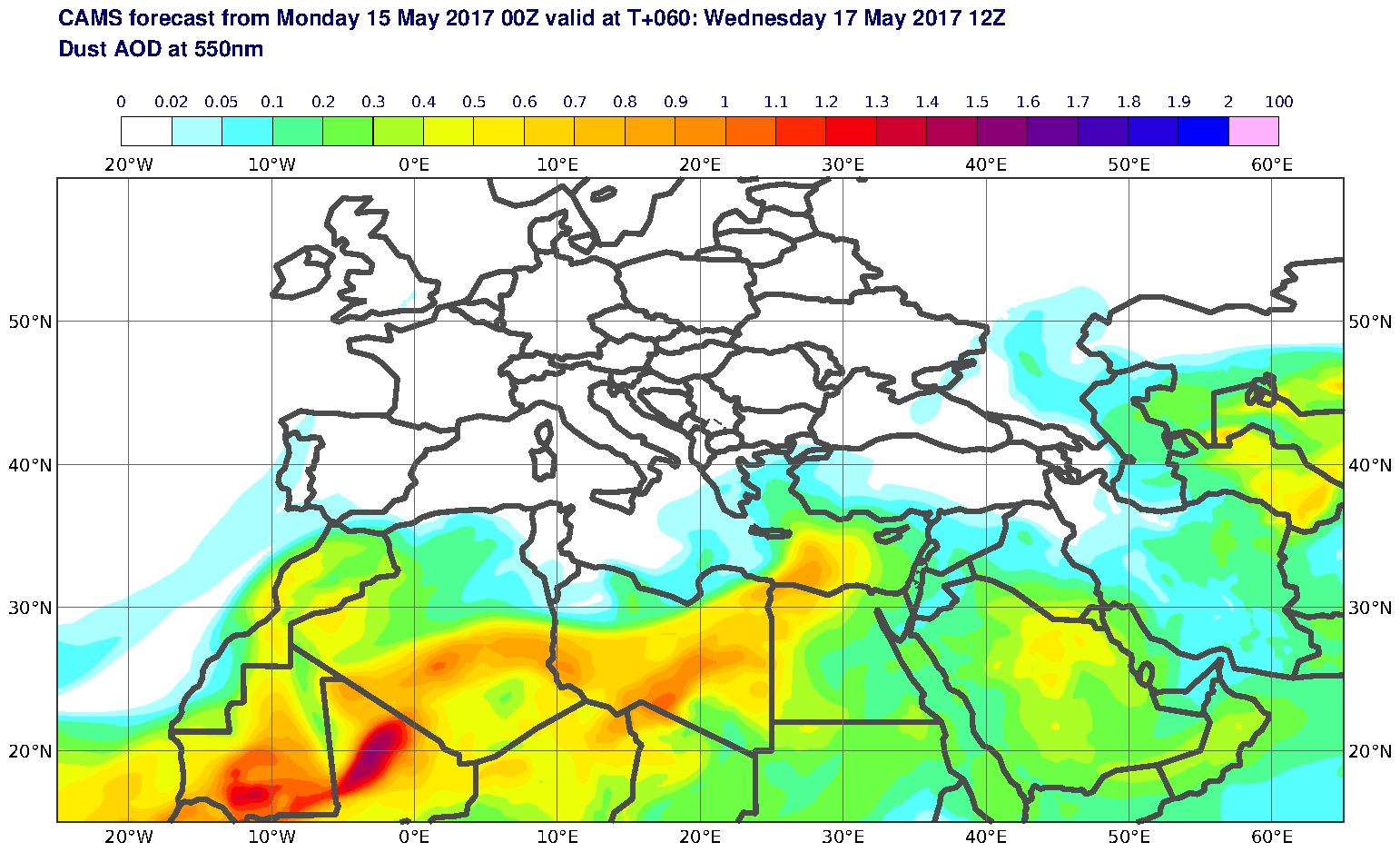 Dust AOD at 550nm valid at T60 - 2017-05-17 12:00