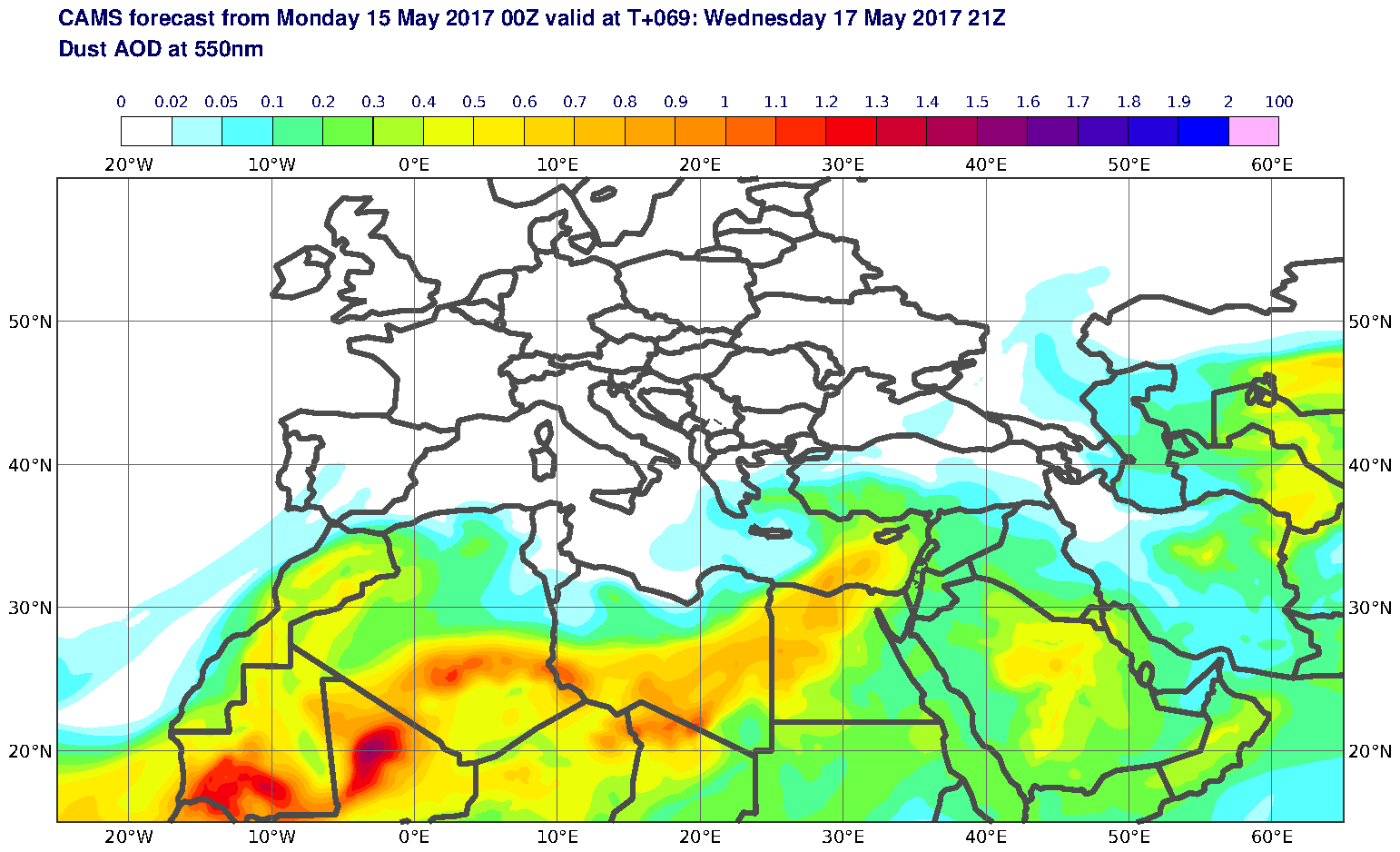 Dust AOD at 550nm valid at T69 - 2017-05-17 21:00