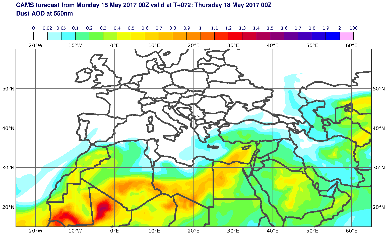 Dust AOD at 550nm valid at T72 - 2017-05-18 00:00