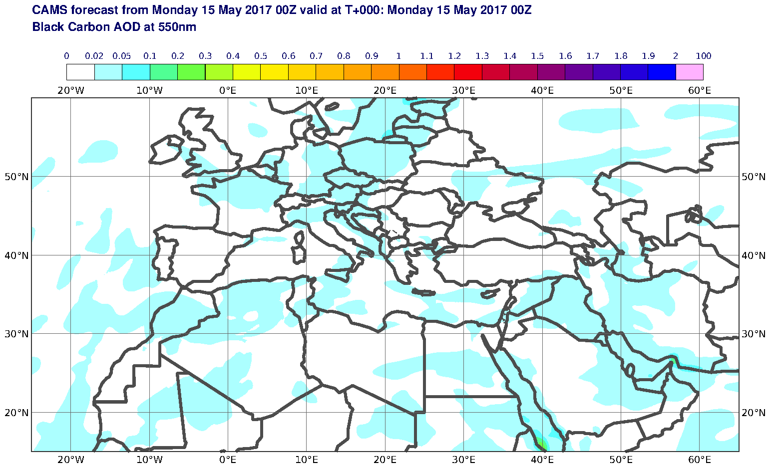 Black Carbon AOD at 550nm valid at T0 - 2017-05-15 00:00