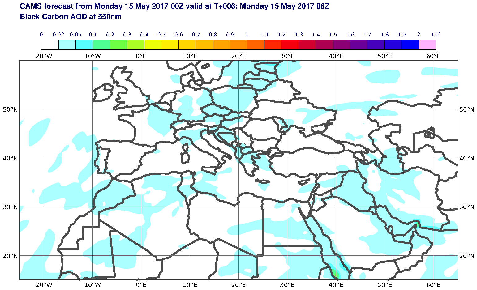 Black Carbon AOD at 550nm valid at T6 - 2017-05-15 06:00