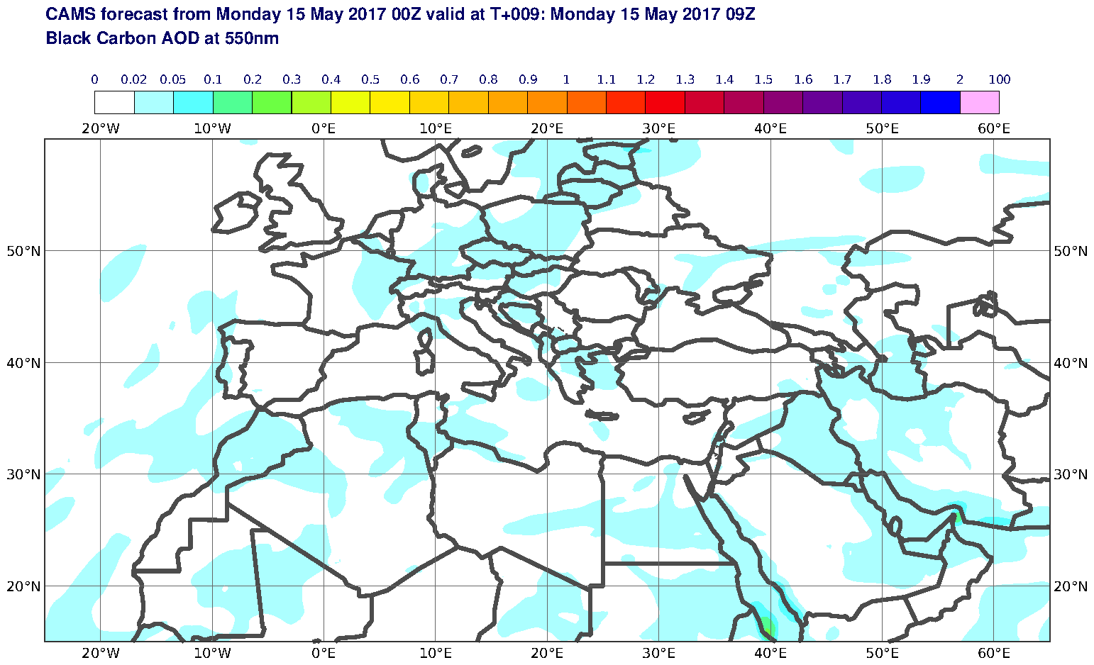 Black Carbon AOD at 550nm valid at T9 - 2017-05-15 09:00