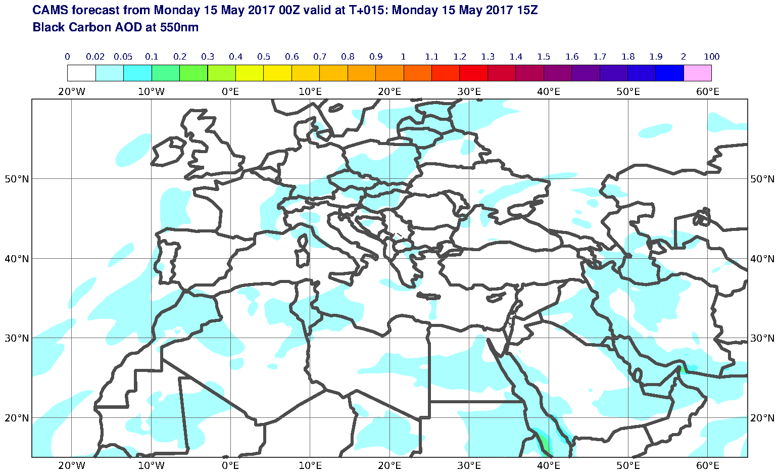 Black Carbon AOD at 550nm valid at T15 - 2017-05-15 15:00