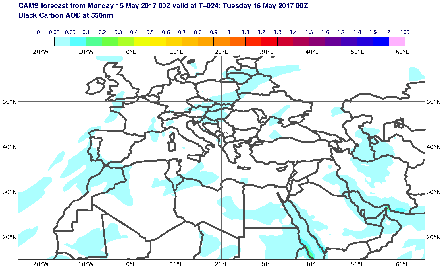 Black Carbon AOD at 550nm valid at T24 - 2017-05-16 00:00