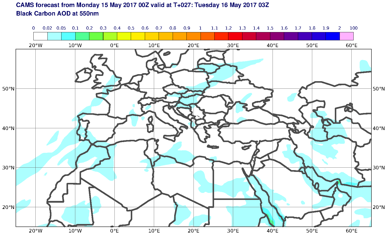 Black Carbon AOD at 550nm valid at T27 - 2017-05-16 03:00