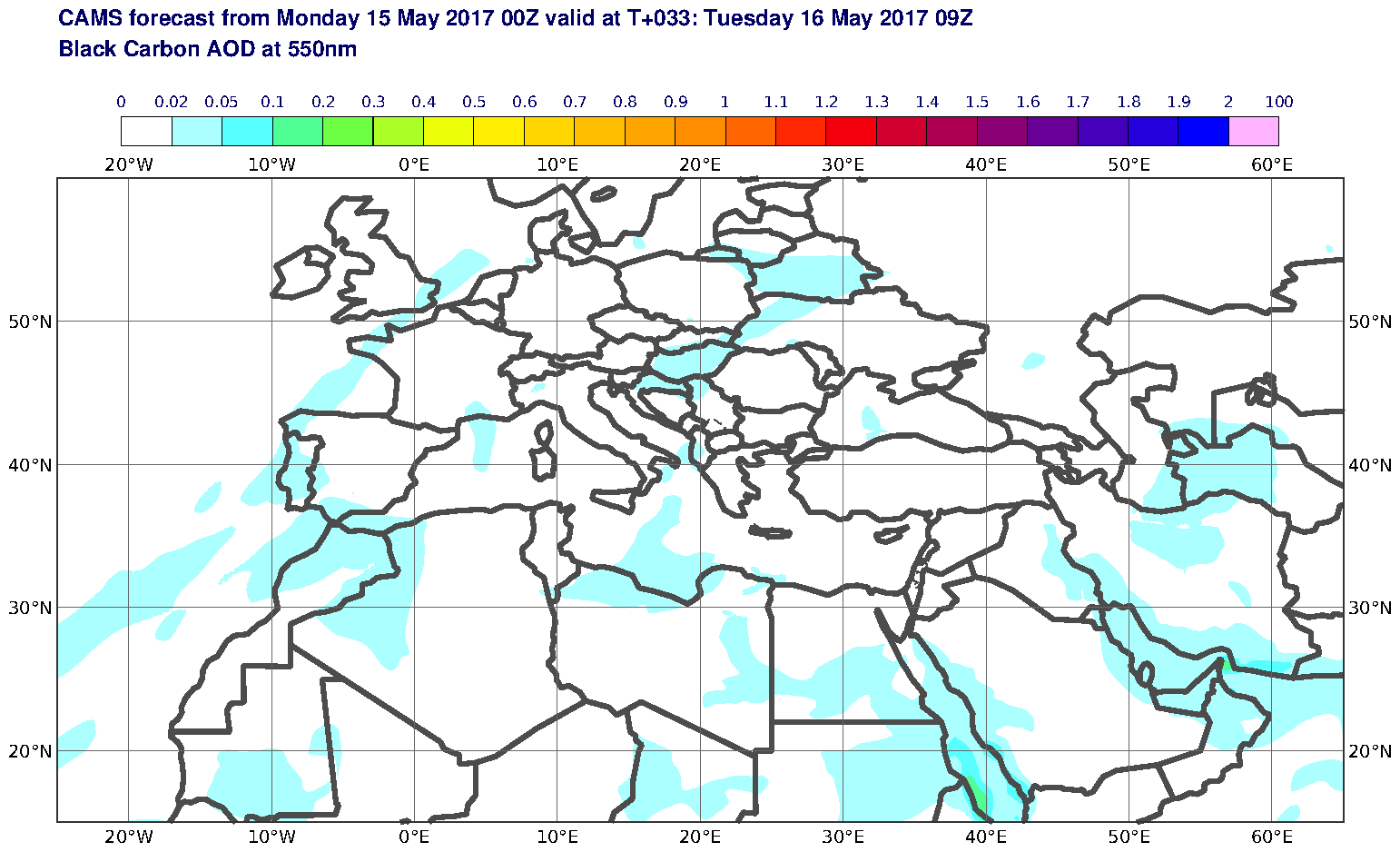 Black Carbon AOD at 550nm valid at T33 - 2017-05-16 09:00