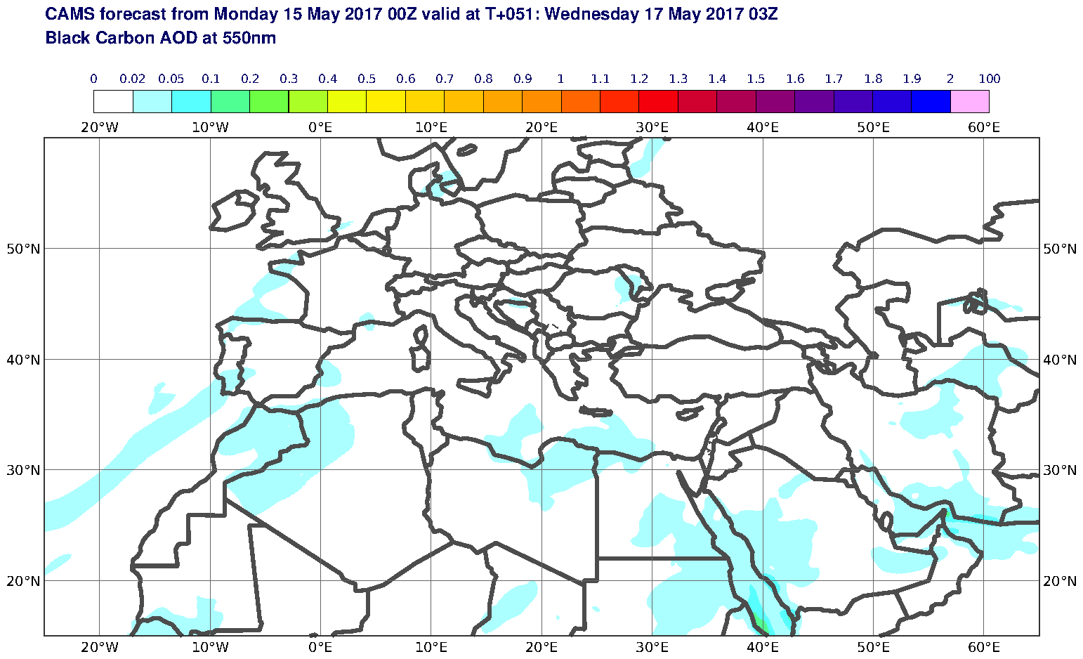 Black Carbon AOD at 550nm valid at T51 - 2017-05-17 03:00