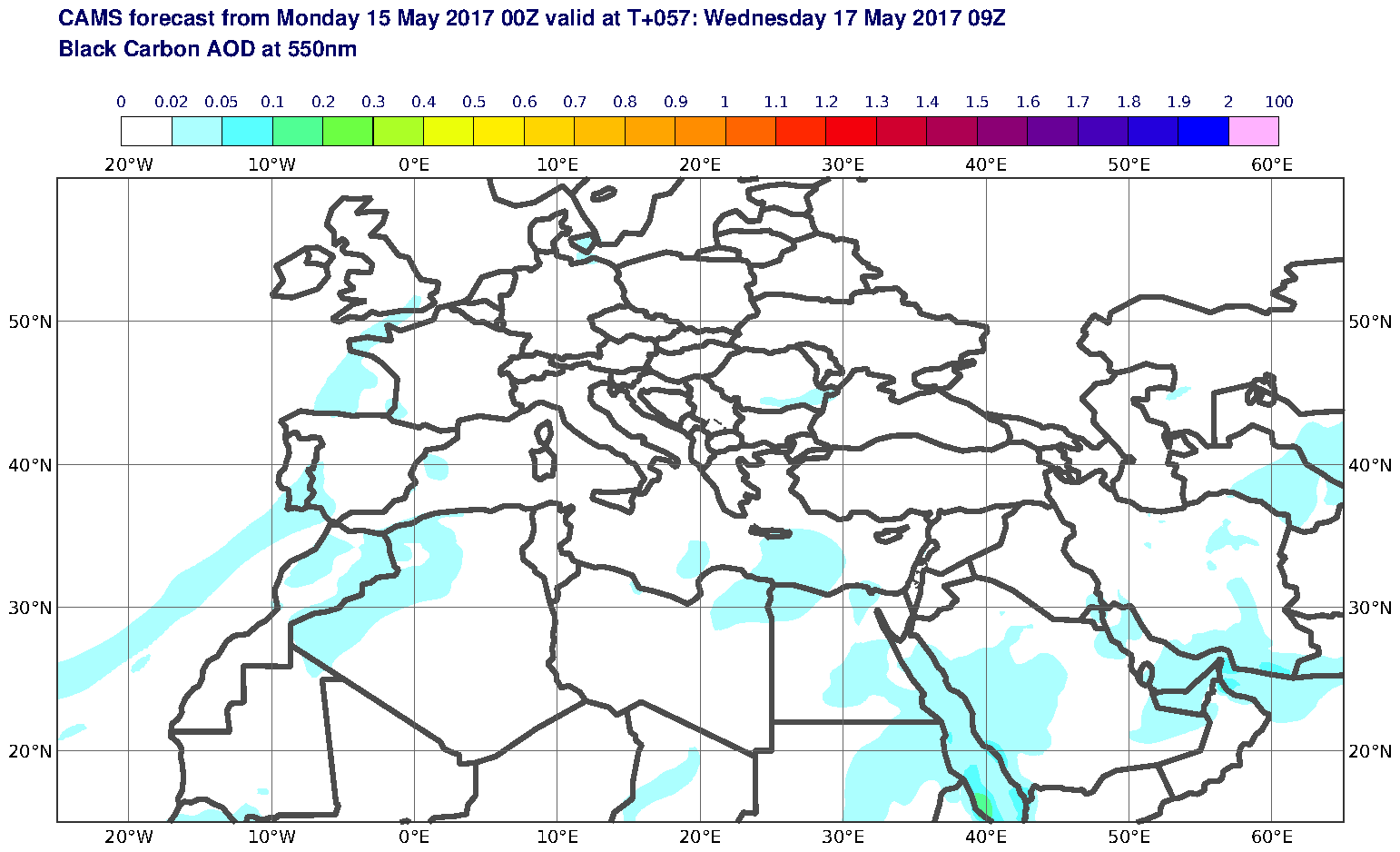 Black Carbon AOD at 550nm valid at T57 - 2017-05-17 09:00