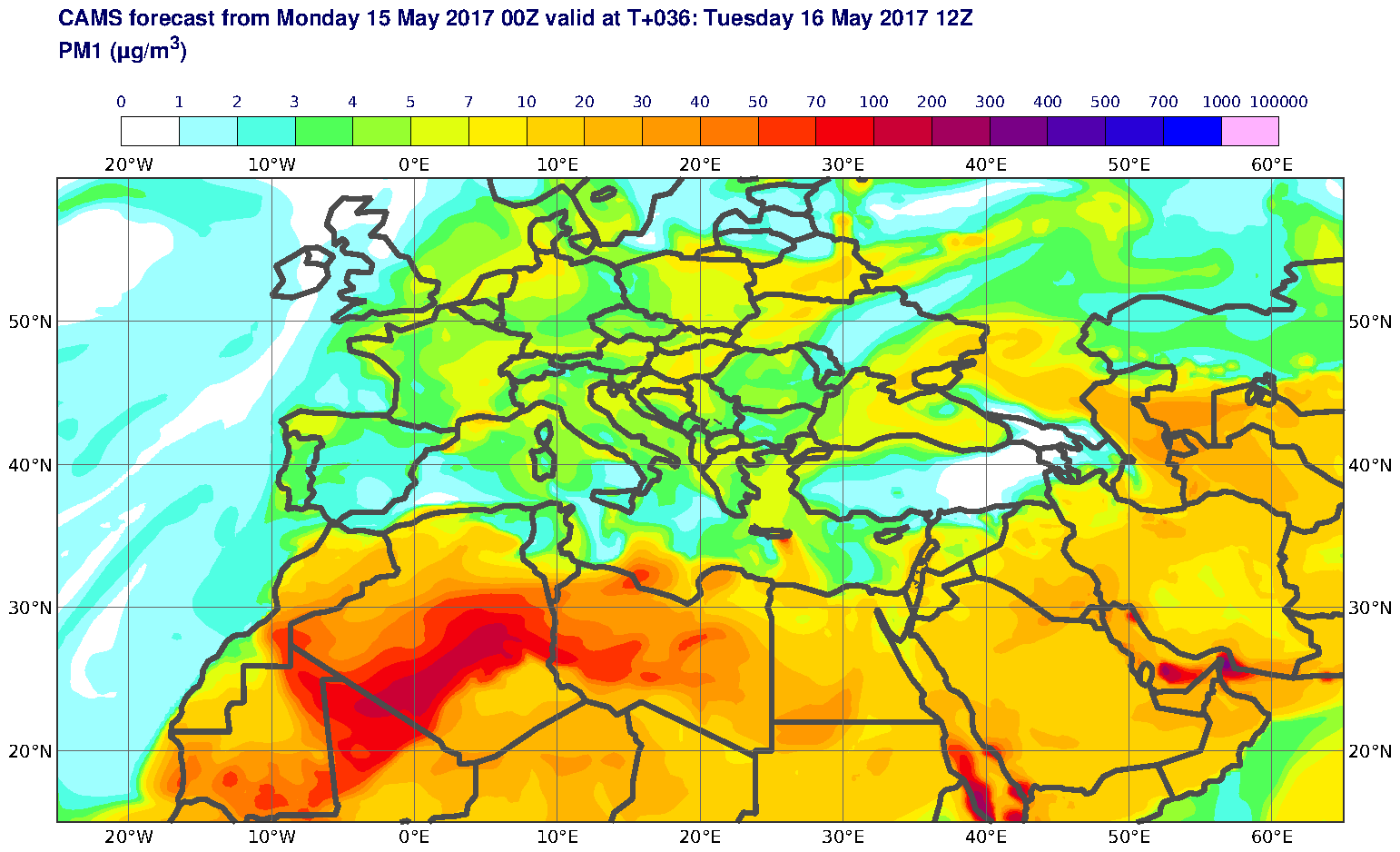 PM1 (μg/m3) valid at T36 - 2017-05-16 12:00