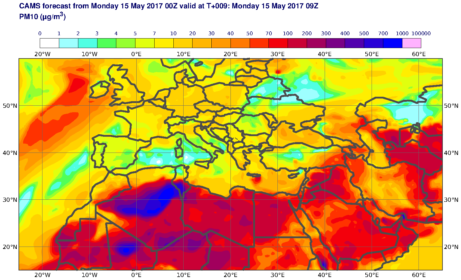 PM10 (μg/m3) valid at T9 - 2017-05-15 09:00