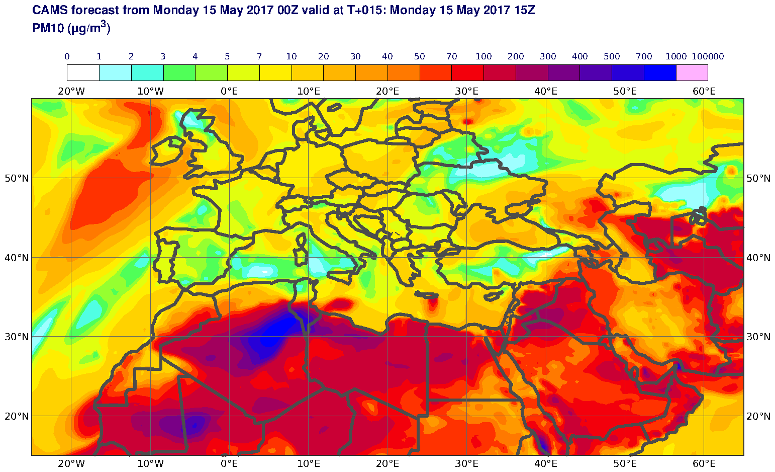 PM10 (μg/m3) valid at T15 - 2017-05-15 15:00