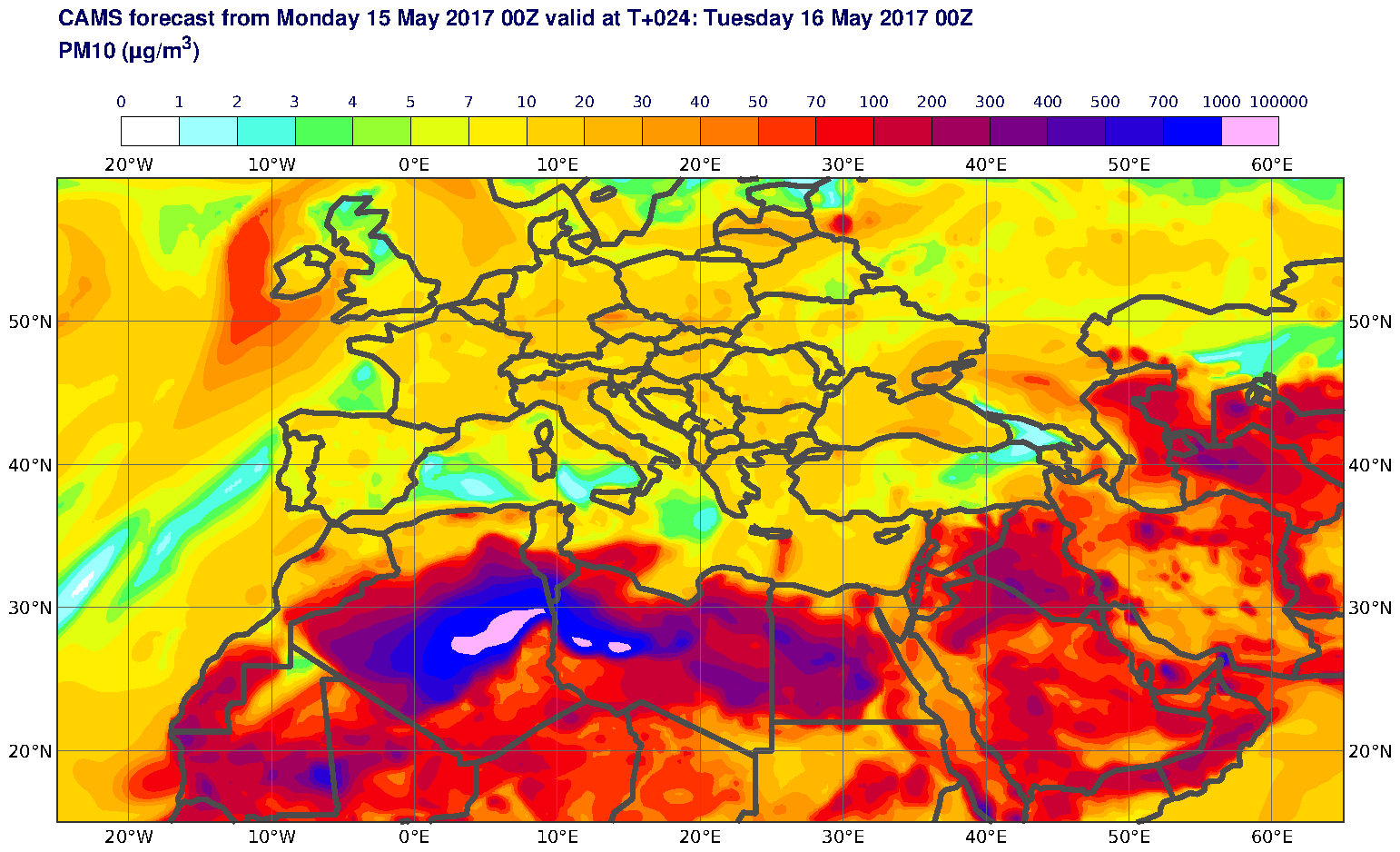 PM10 (μg/m3) valid at T24 - 2017-05-16 00:00