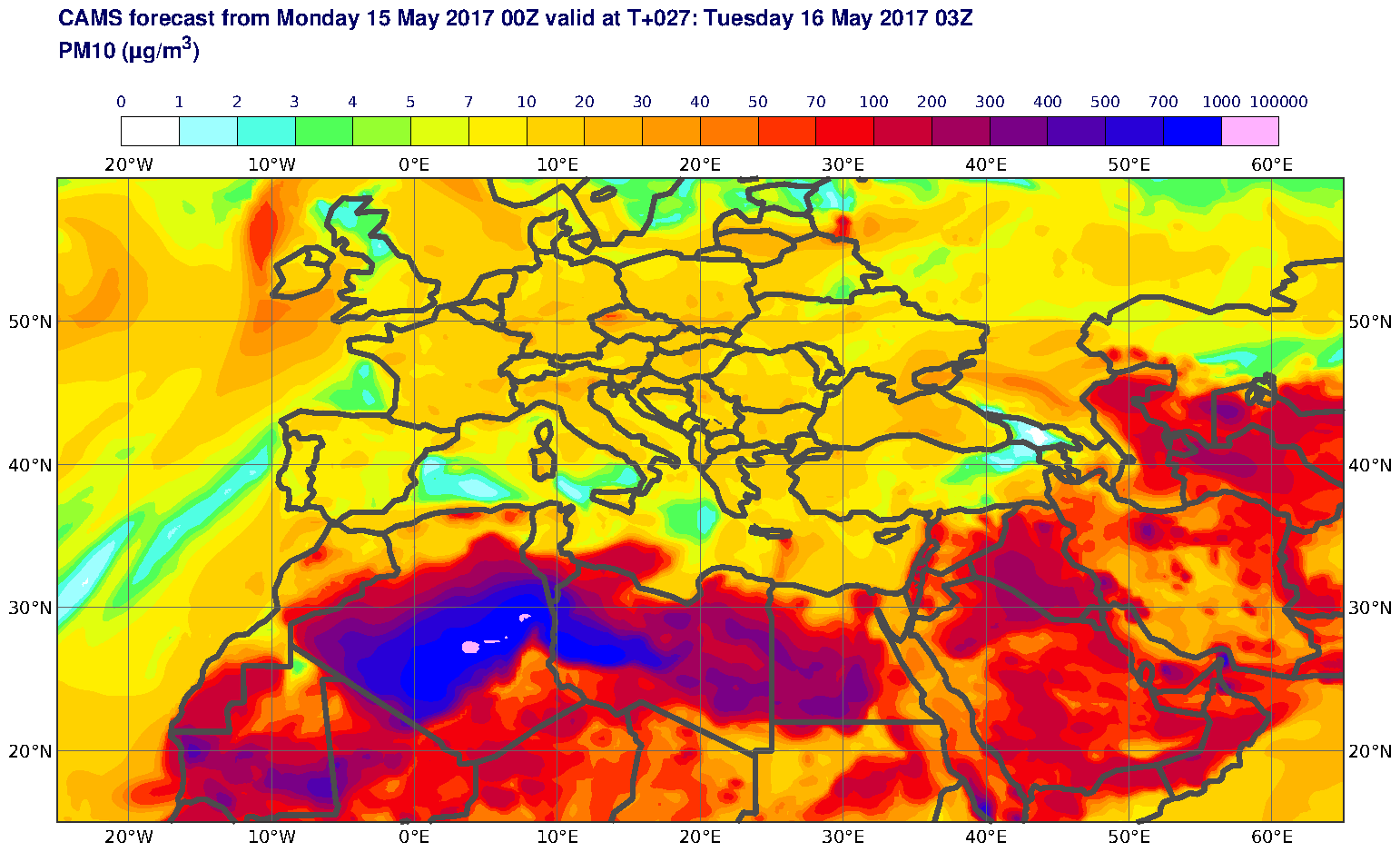 PM10 (μg/m3) valid at T27 - 2017-05-16 03:00