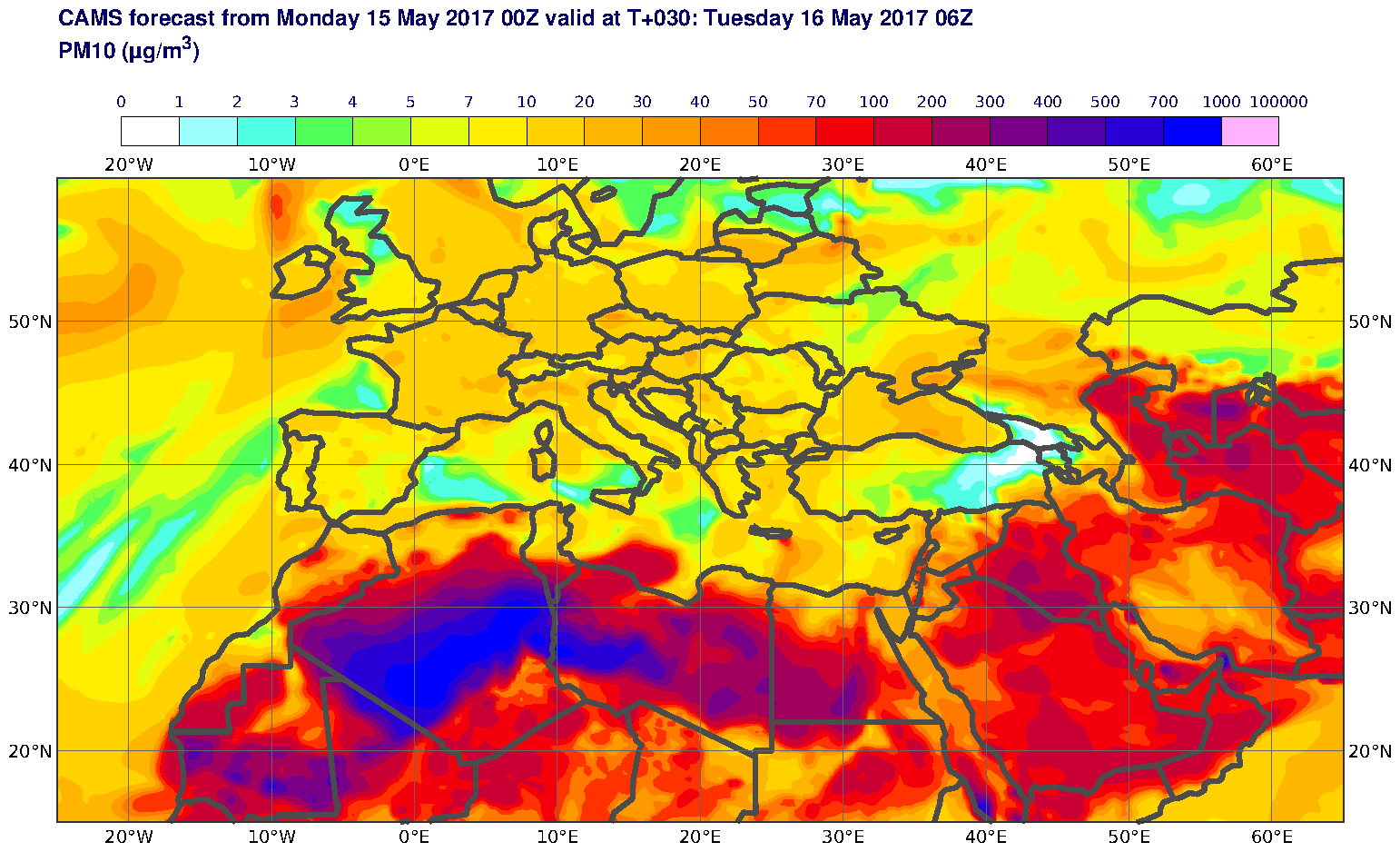 PM10 (μg/m3) valid at T30 - 2017-05-16 06:00